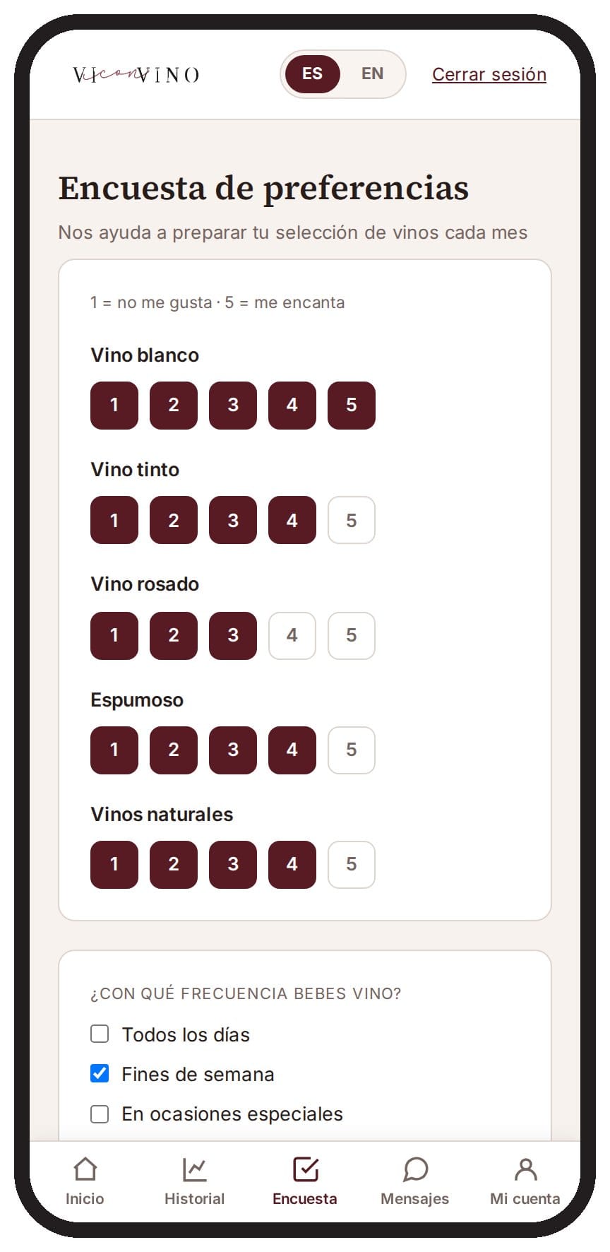 Área Privada del Club de vinos ViconVino: encuesta de gustos