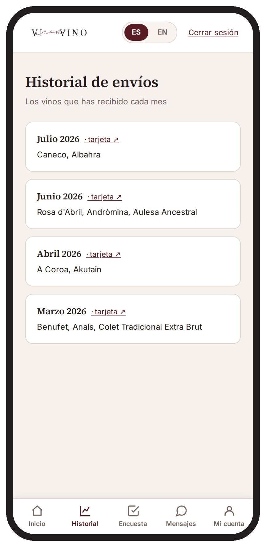 Área Privada del Club de vinos ViconVino: historial de vinos