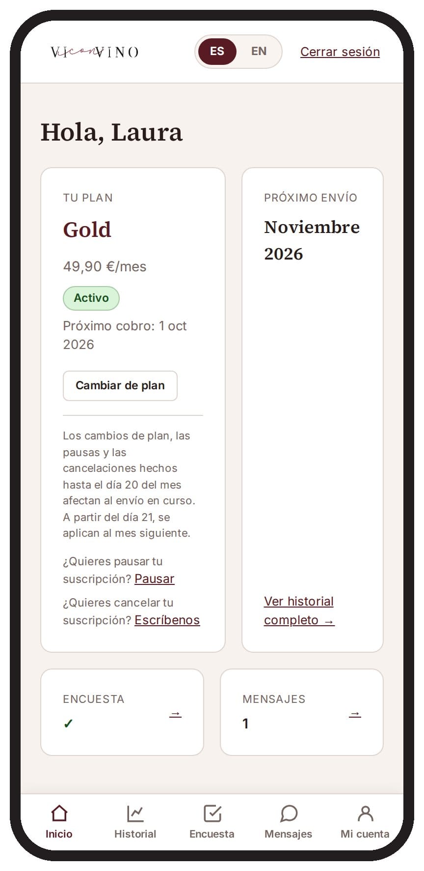 Área Privada del Club de vinos ViconVino: tu plan