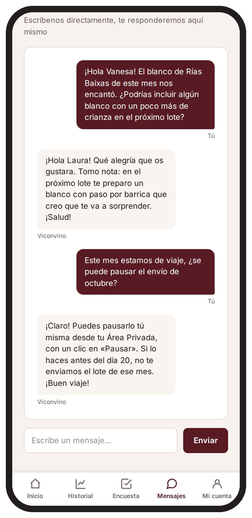 Área Privada del Club de vinos ViconVino: mensajes con tu sumiller