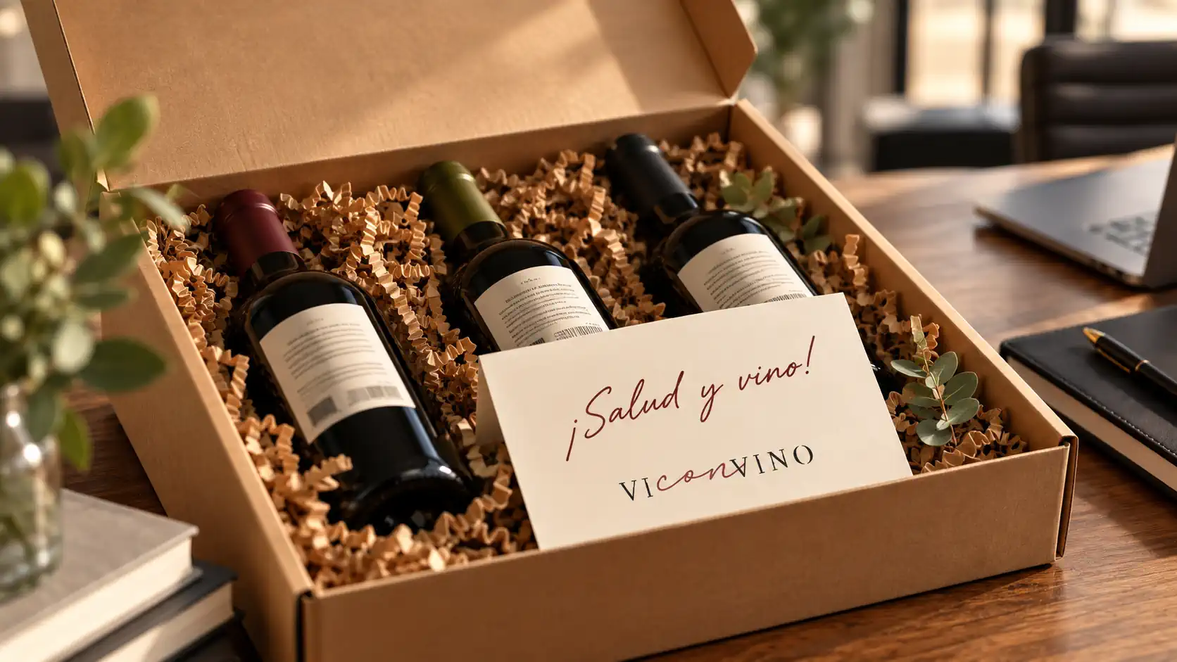 Caja de regalo con tres botellas de vino y tarjeta personalizada para clientes