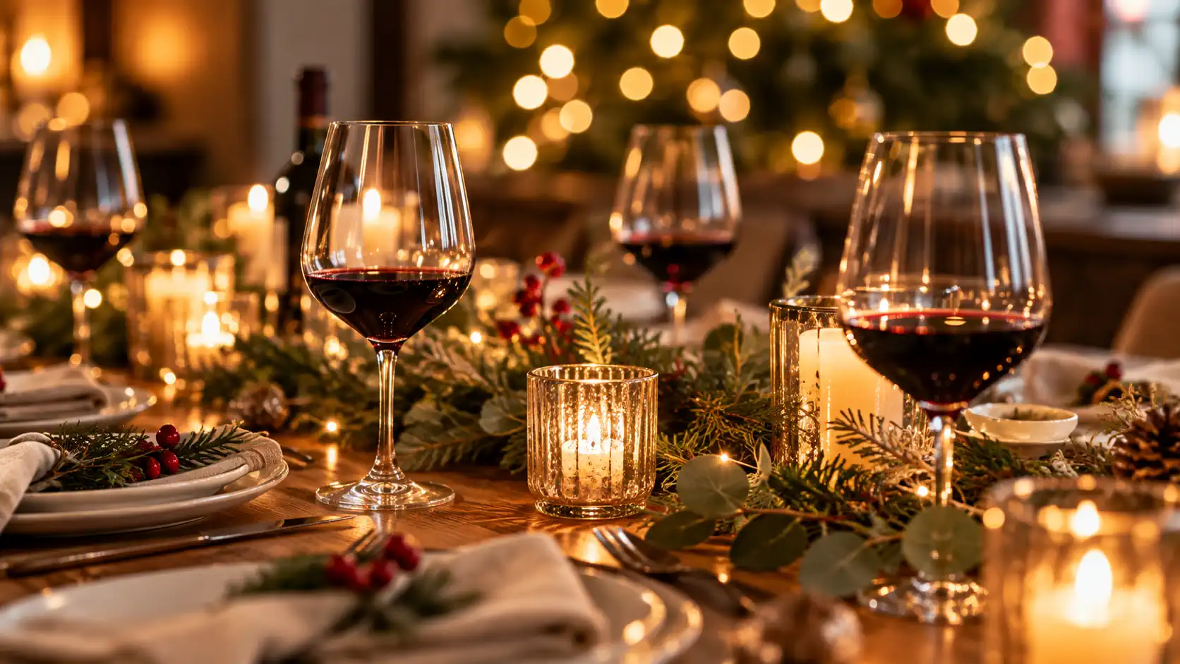 Mesa de Navidad con copas de vino tinto y velas