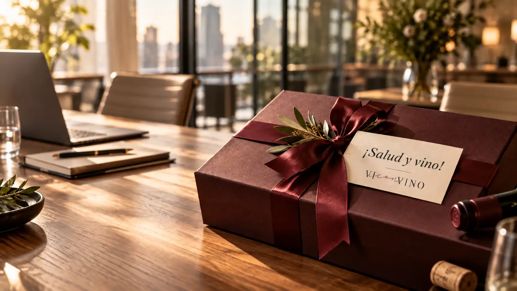 Caja de regalo de empresa con lazo y tarjeta ViconVino sobre una mesa de oficina