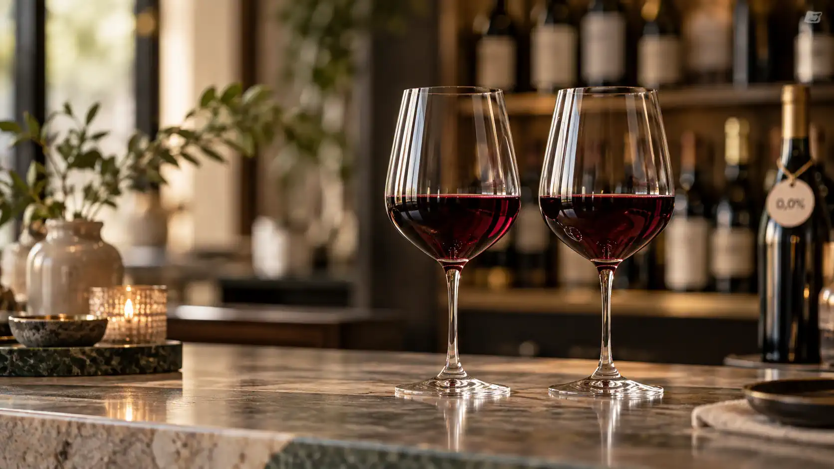 Dos copas de vino tinto sin alcohol sobre la barra de una tienda de vinos