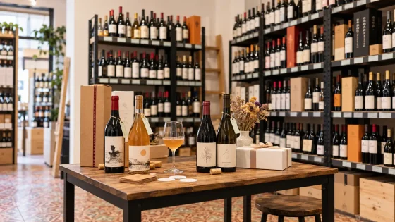 Vinos naturales sobre una mesa de madera en una tienda de vinos de Barcelona